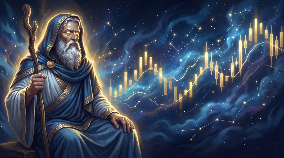 The oracle Tiresias reading a vast vision of glowing market data and price charts