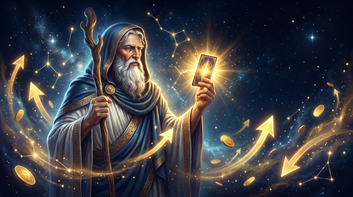 The oracle Tiresias holding a glowing trading card amid rising and falling price arrows