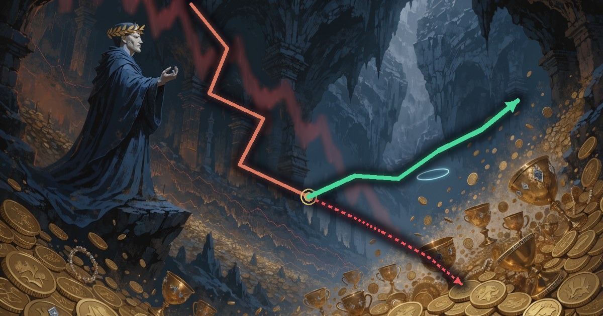 The oracle Tiresias watching a price chart fork in a dragon's hoard, one path still sliding, one bottoming out and turning up