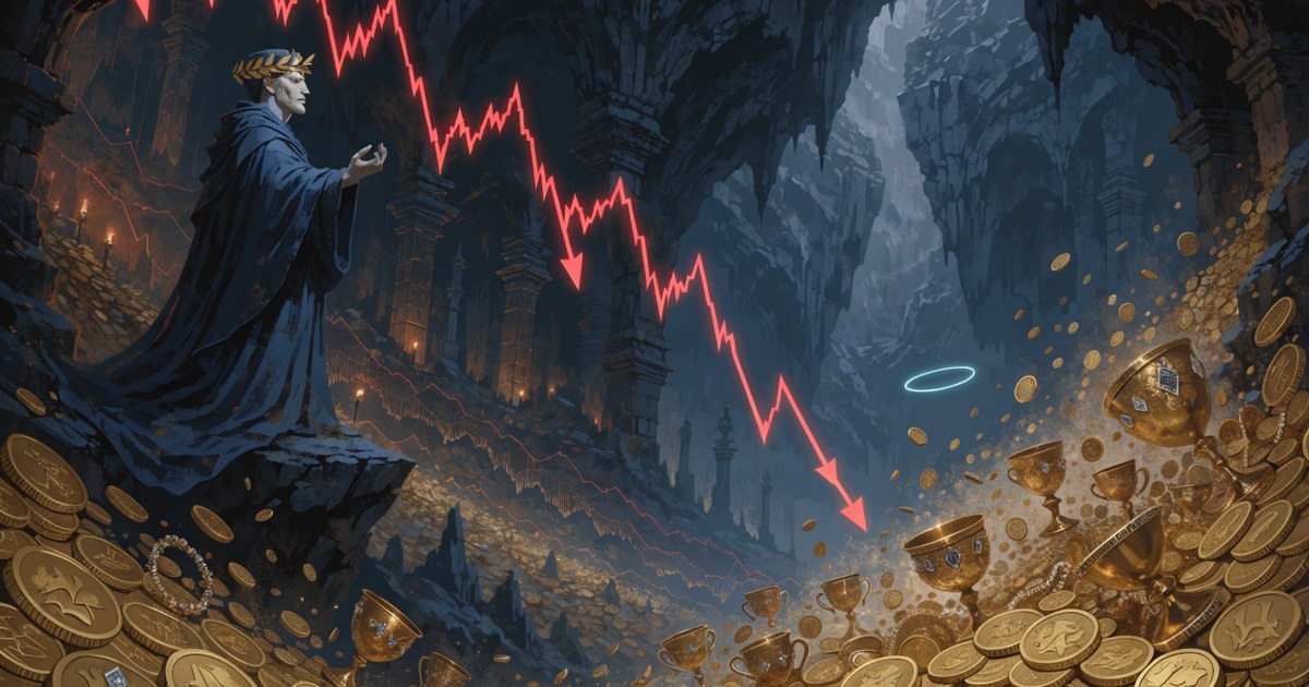 The oracle Tiresias watching a dragon's hoard of gold collapse into falling price charts