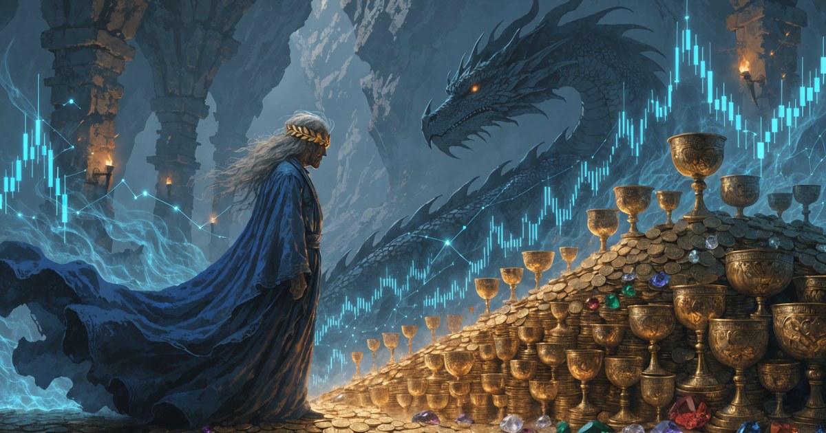 The oracle Tiresias gazing over a dragon's hoard of gold and rising price charts