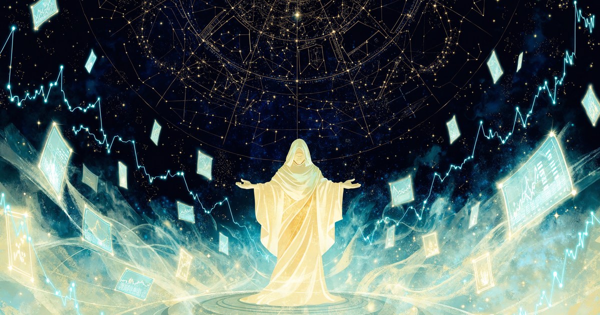 The oracle Tiresias overseeing a constellation of Magic cards, price charts and ledgers
